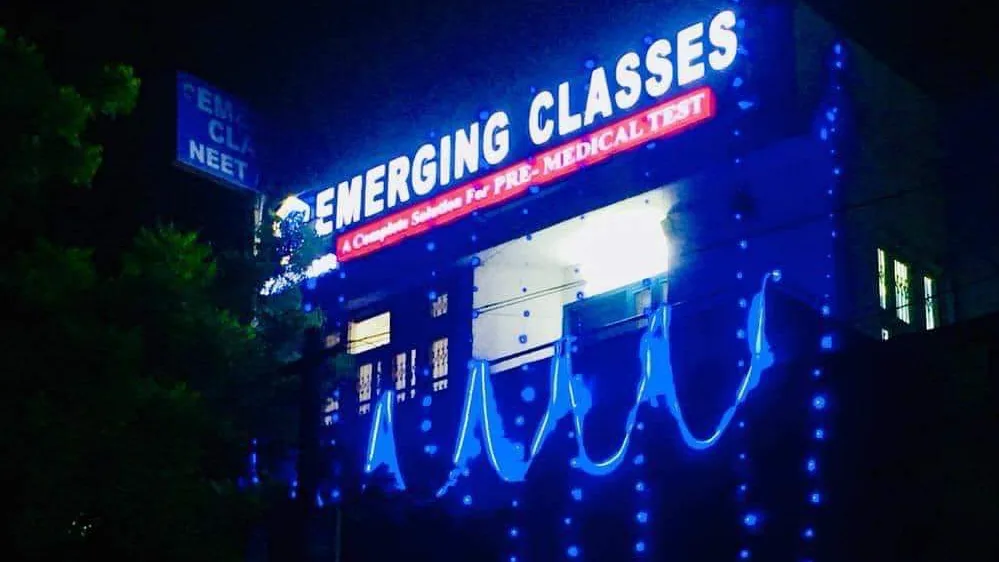 The Emerging Classes sign lit up at night